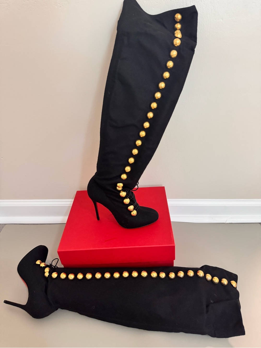 Christian Louboutin Ronfifi Supra Black Suede Gold Button OTK Boots 35.5